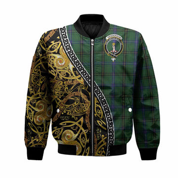 Henderson Tartan Crest Bomber Jacket Celtic Knot and Triple Trickle Spiral Symbols