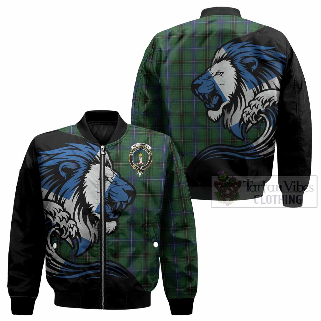 Henderson Tartan Crest Bomber Jacket Scottish Golden Lions Wave Flow