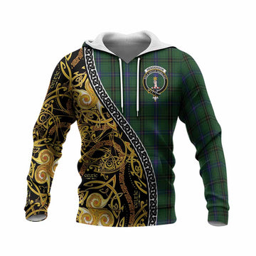 Henderson Tartan Crest Knitted Hoodie Celtic Knot and Triple Trickle Spiral Symbols