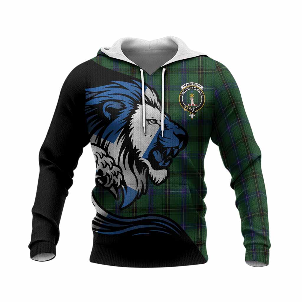 Henderson Tartan Crest Knitted Hoodie Scottish Golden Lions Wave Flow