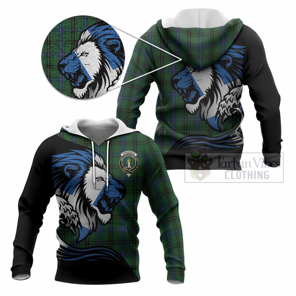 Henderson Tartan Crest Knitted Hoodie Scottish Golden Lions Wave Flow