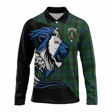 Henderson Tartan Crest Long Sleeve Polo Shirt Scottish Golden Lions Wave Flow