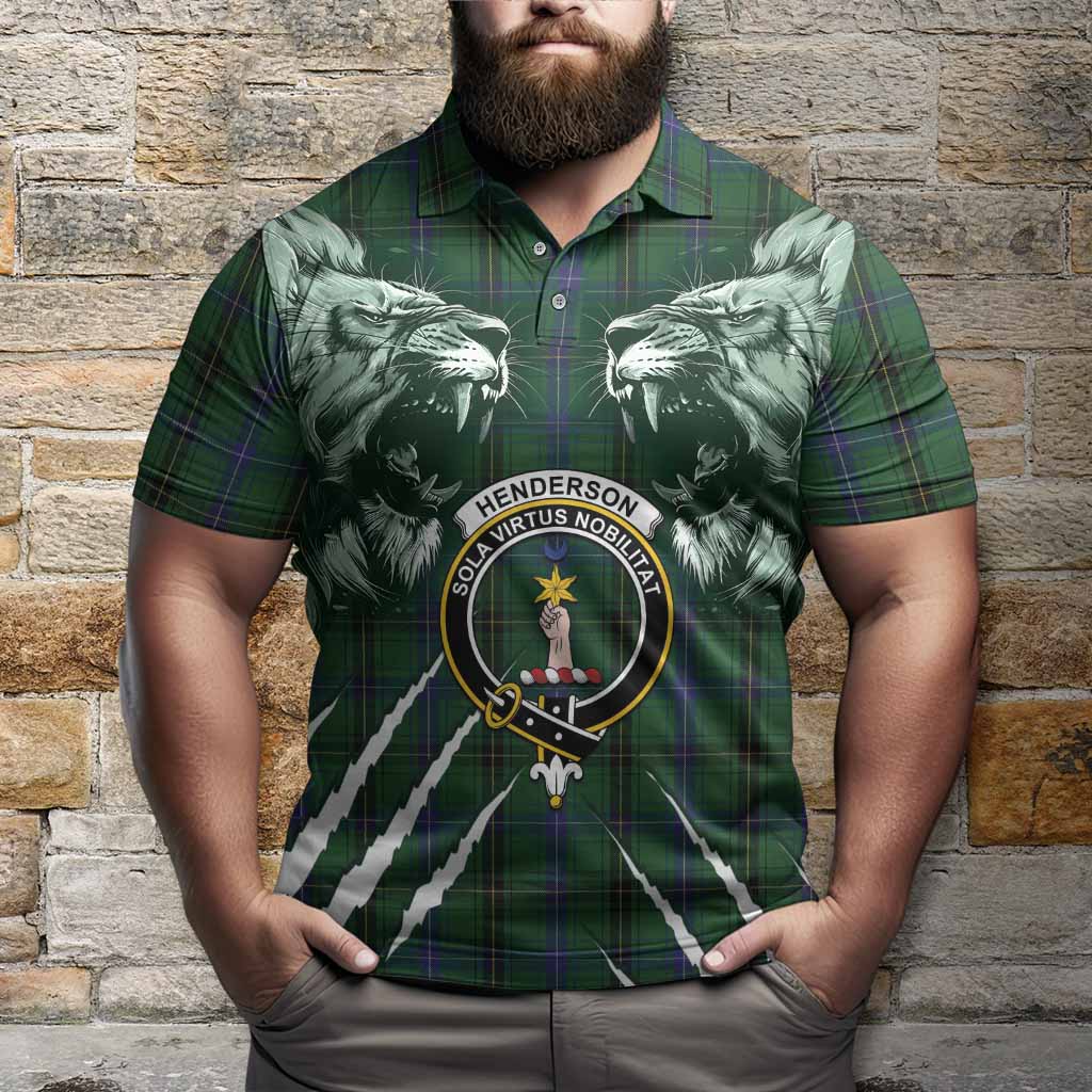 Henderson Tartan Crest Polo Shirt Ferocious Lion Style
