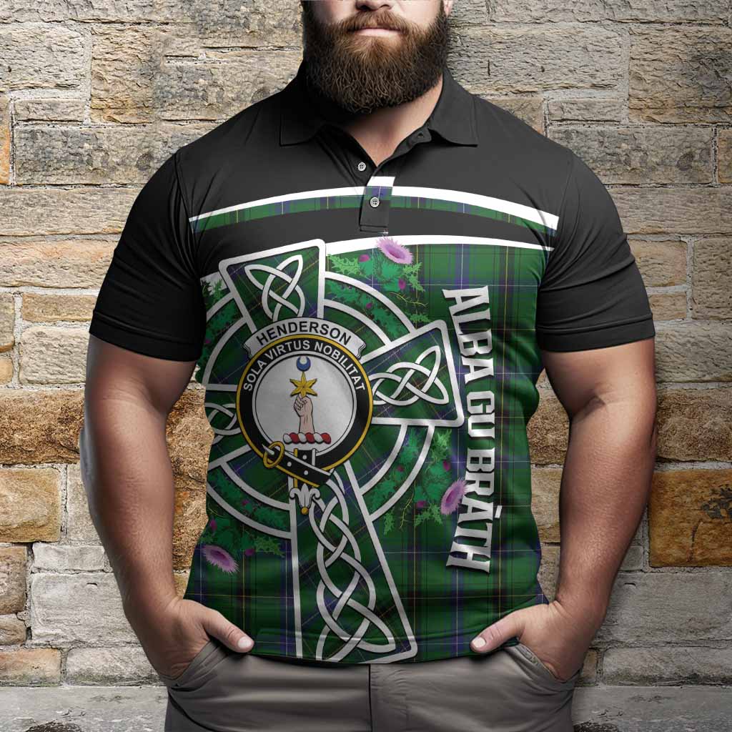 Henderson Tartan Crest Polo Shirt Scottish Thistle Celtic Cross Alba Gu Brath