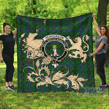 Henderson Tartan Crest Premium Quilt with Scottish Iconic Symbols 