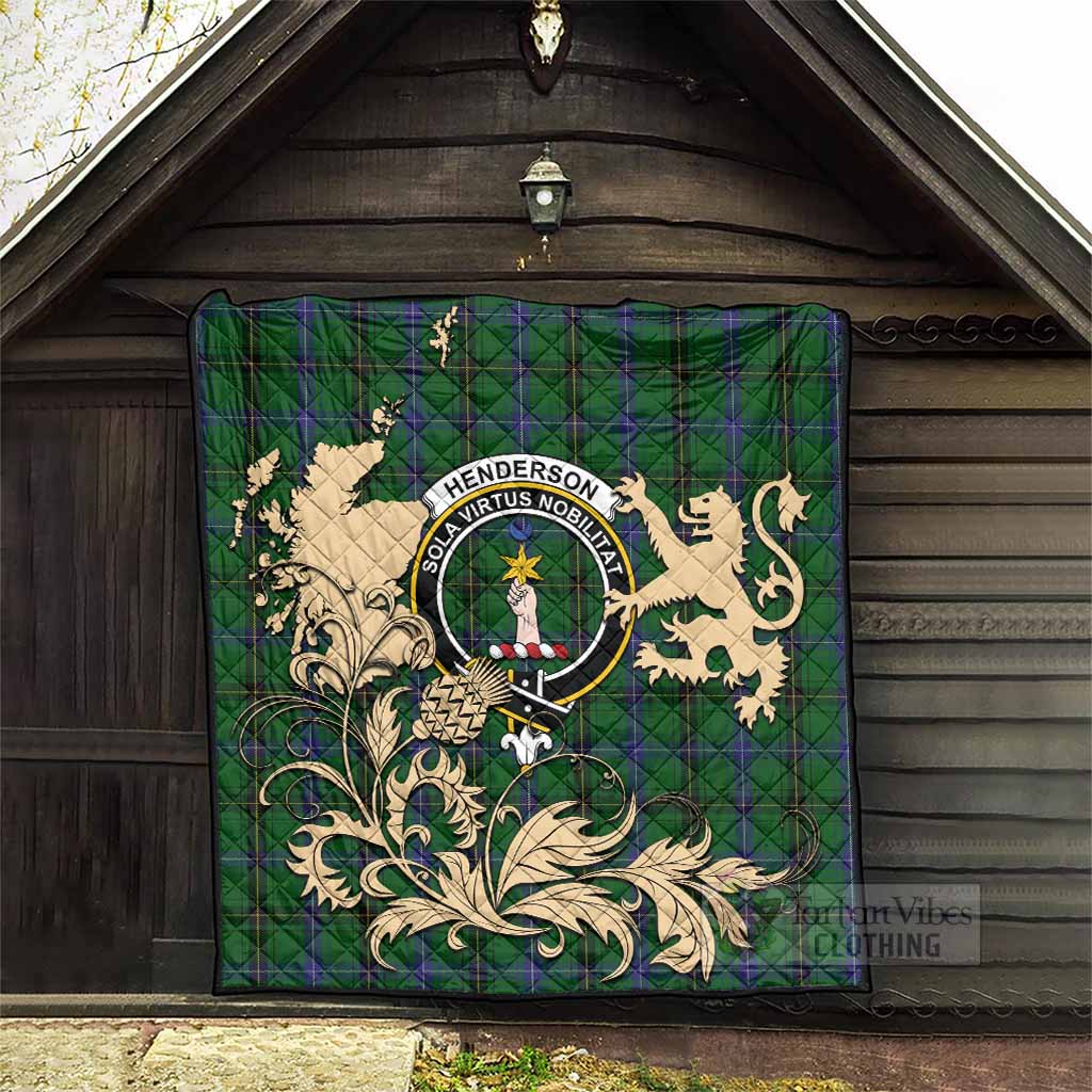 Henderson Tartan Crest Premium Quilt with Scottish Iconic Symbols 