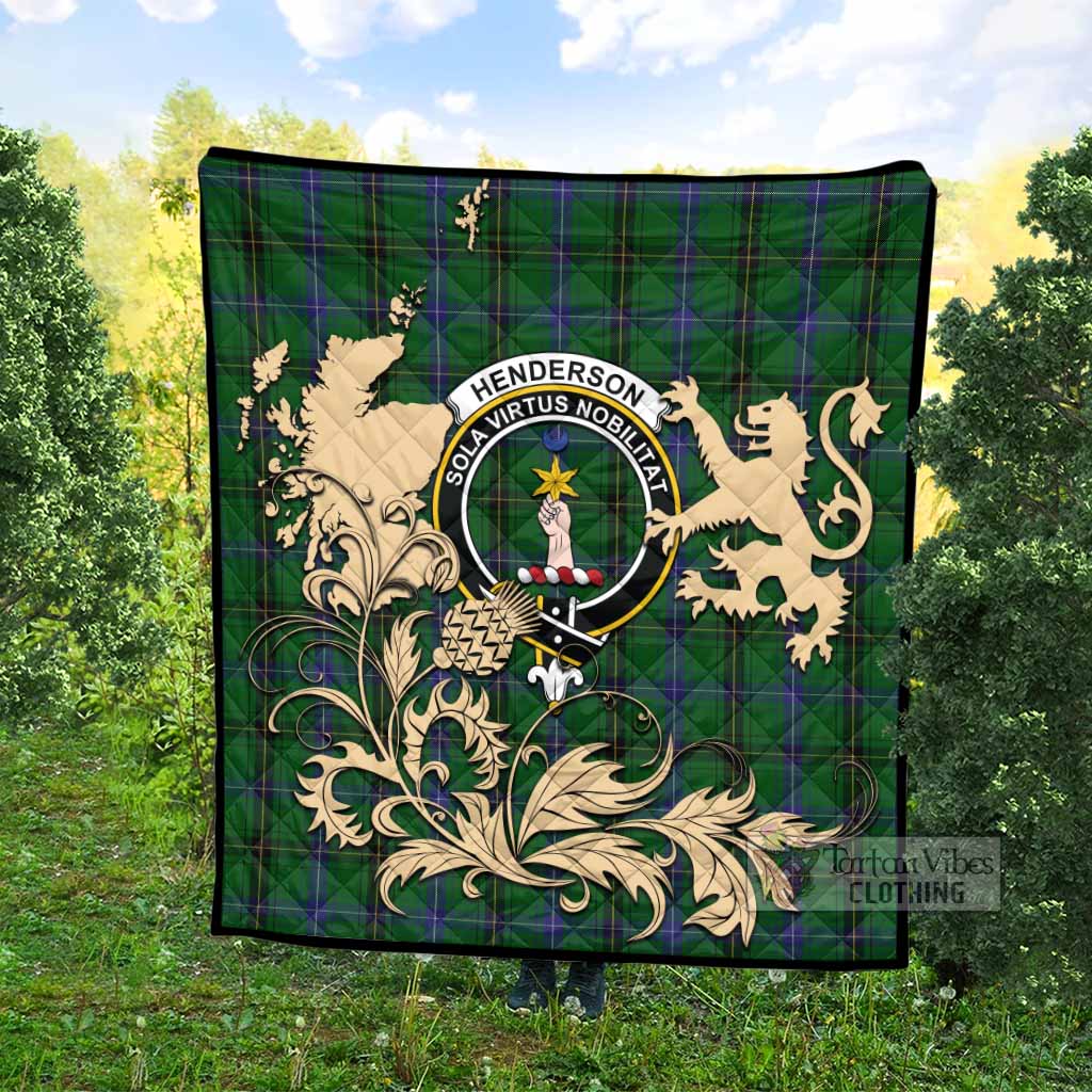 Henderson Tartan Crest Premium Quilt with Scottish Iconic Symbols 