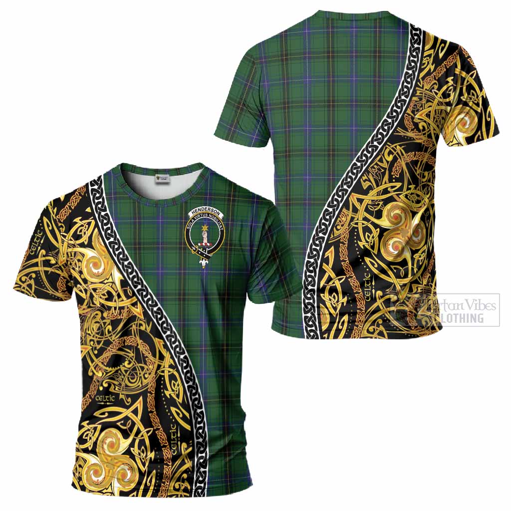 Henderson Tartan Crest T-Shirt Celtic Knot and Triple Trickle Spiral Symbols