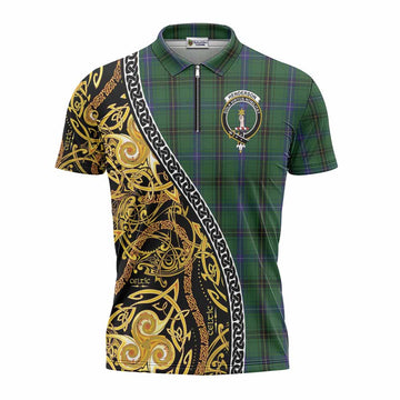 Henderson Tartan Crest Zipper Polo Shirt Celtic Knot and Triple Trickle Spiral Symbols