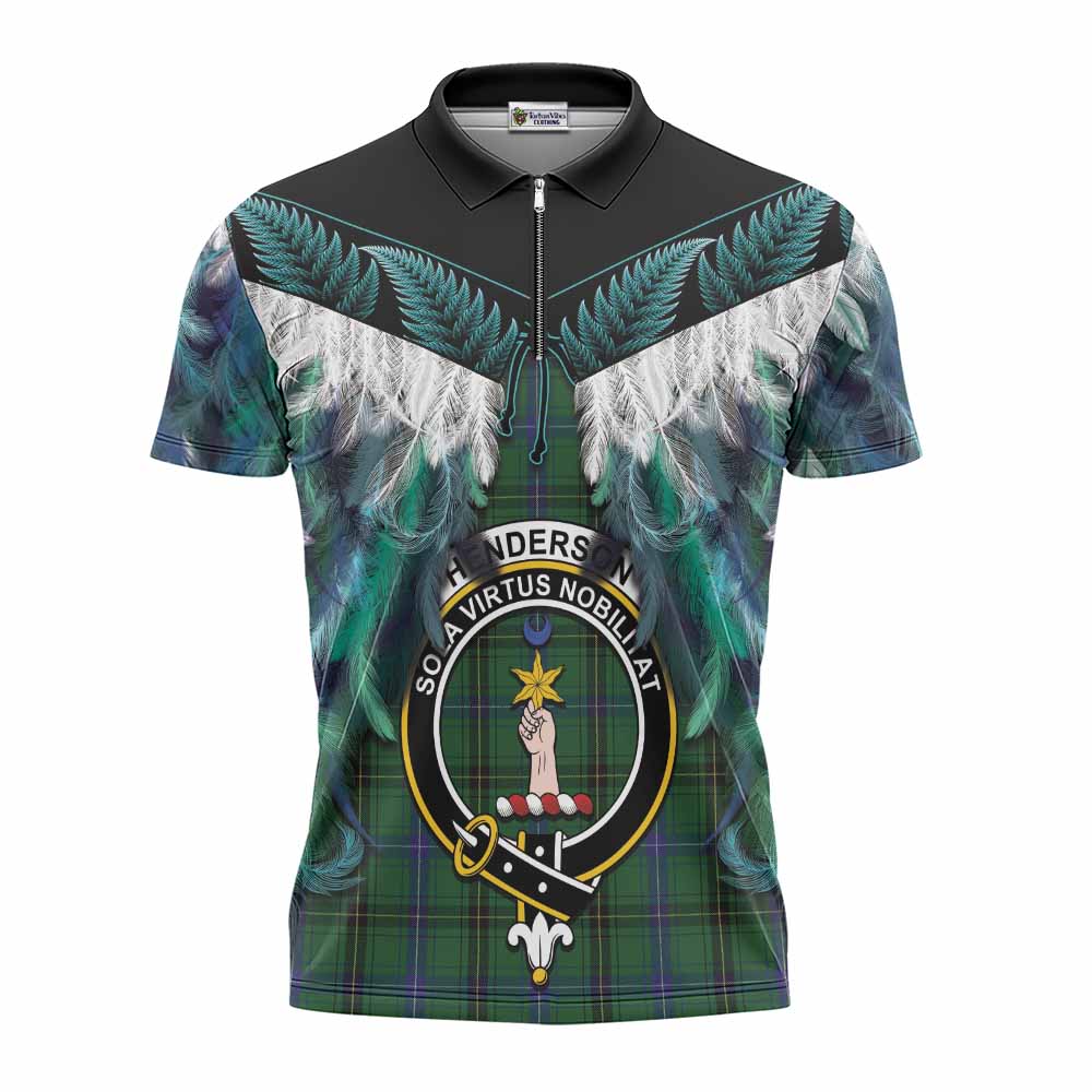 Henderson Tartan Crest Zipper Polo Shirt New Zealand Maori Korowai Cloak