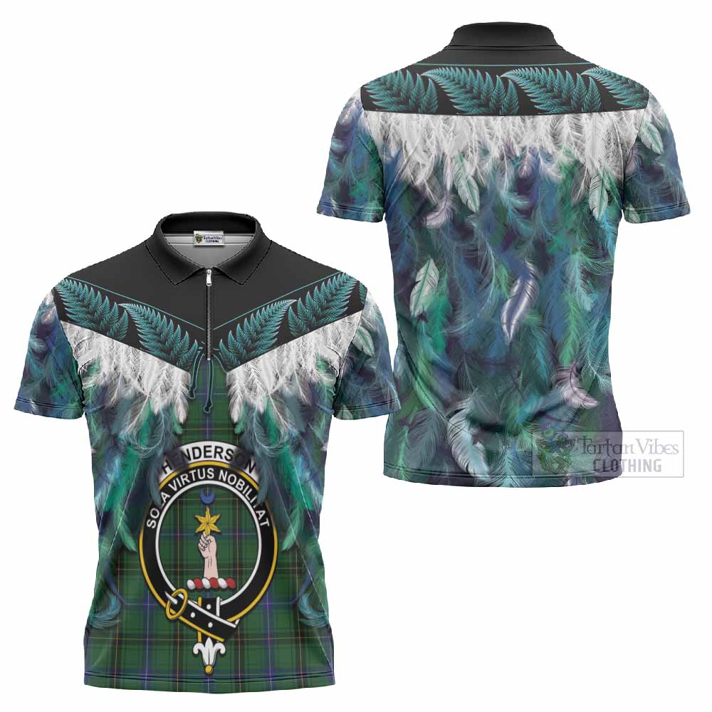 Henderson Tartan Crest Zipper Polo Shirt New Zealand Maori Korowai Cloak