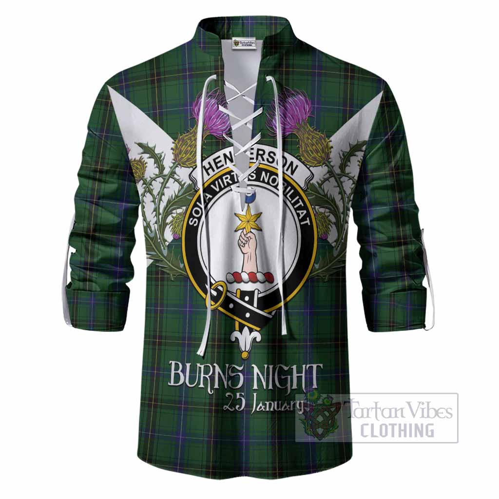 Henderson Tartan Family Crest Ghillie Shirt Scottish Burns Night Thistle Floral