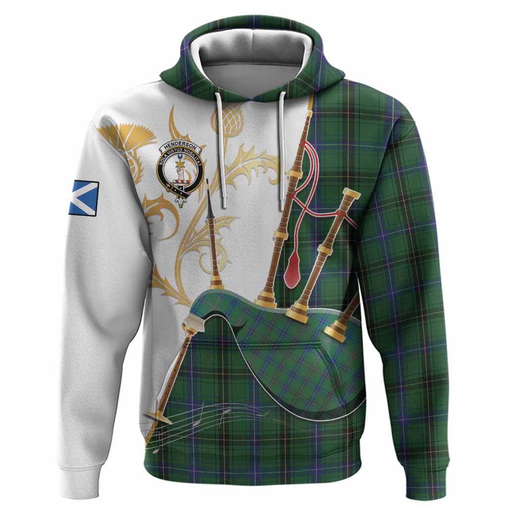 Henderson Tartan Family Crest Hoodie Bagpipes with Scottish Thistle