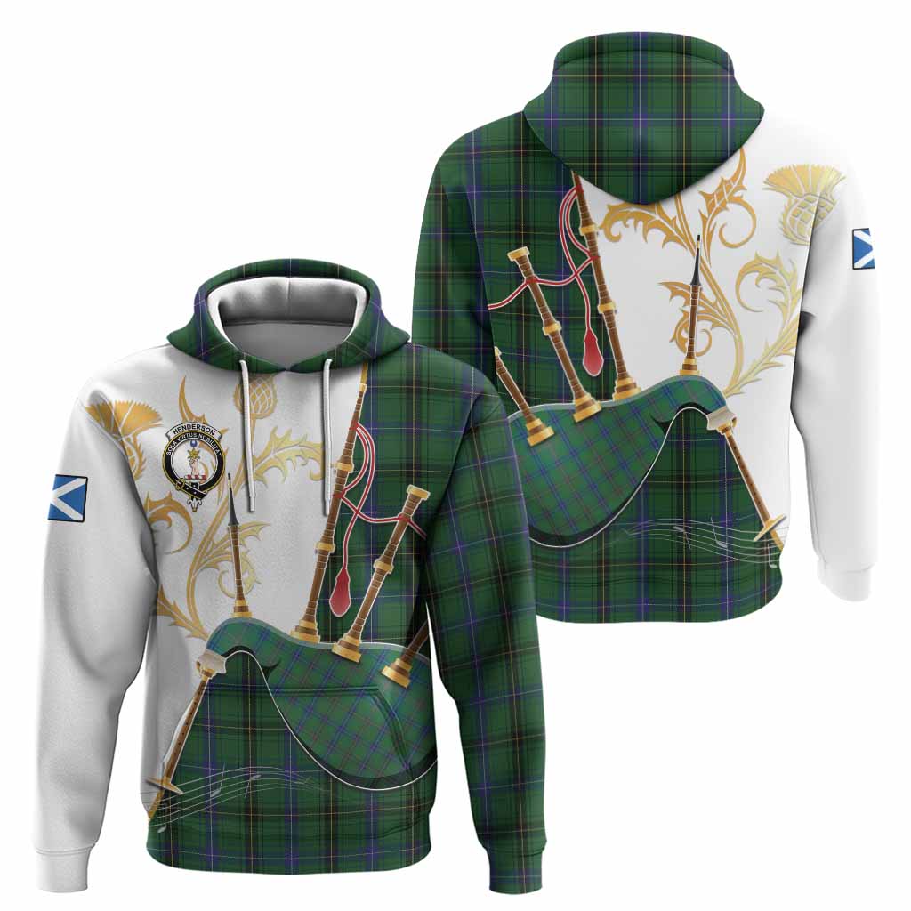 Henderson Tartan Family Crest Hoodie Bagpipes with Scottish Thistle