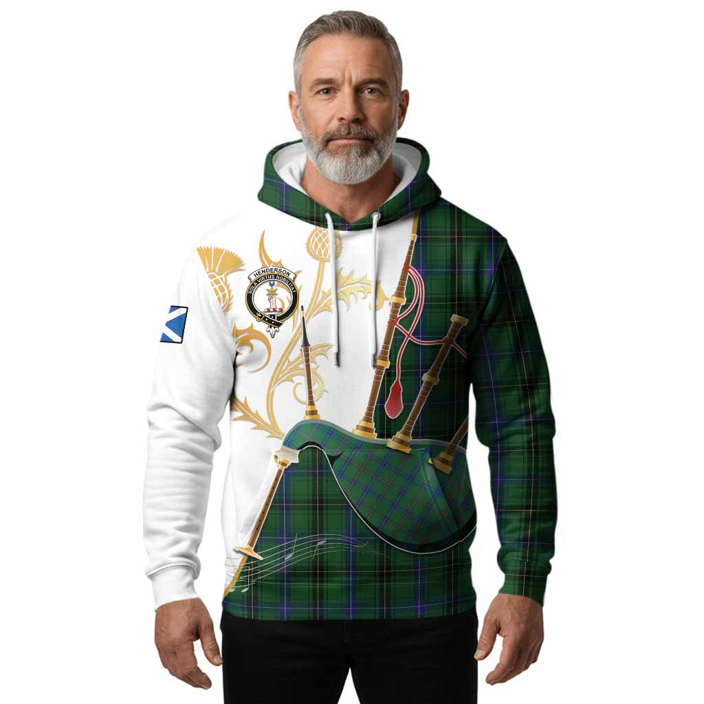Henderson Tartan Family Crest Hoodie Bagpipes with Scottish Thistle