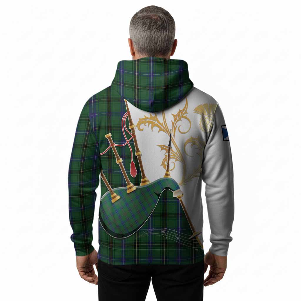 Henderson Tartan Family Crest Hoodie Bagpipes with Scottish Thistle