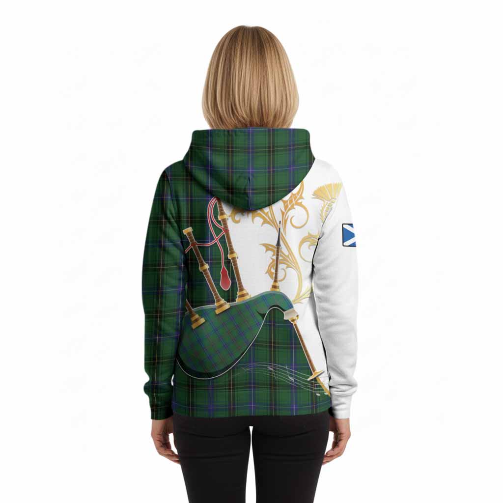 Henderson Tartan Family Crest Hoodie Bagpipes with Scottish Thistle