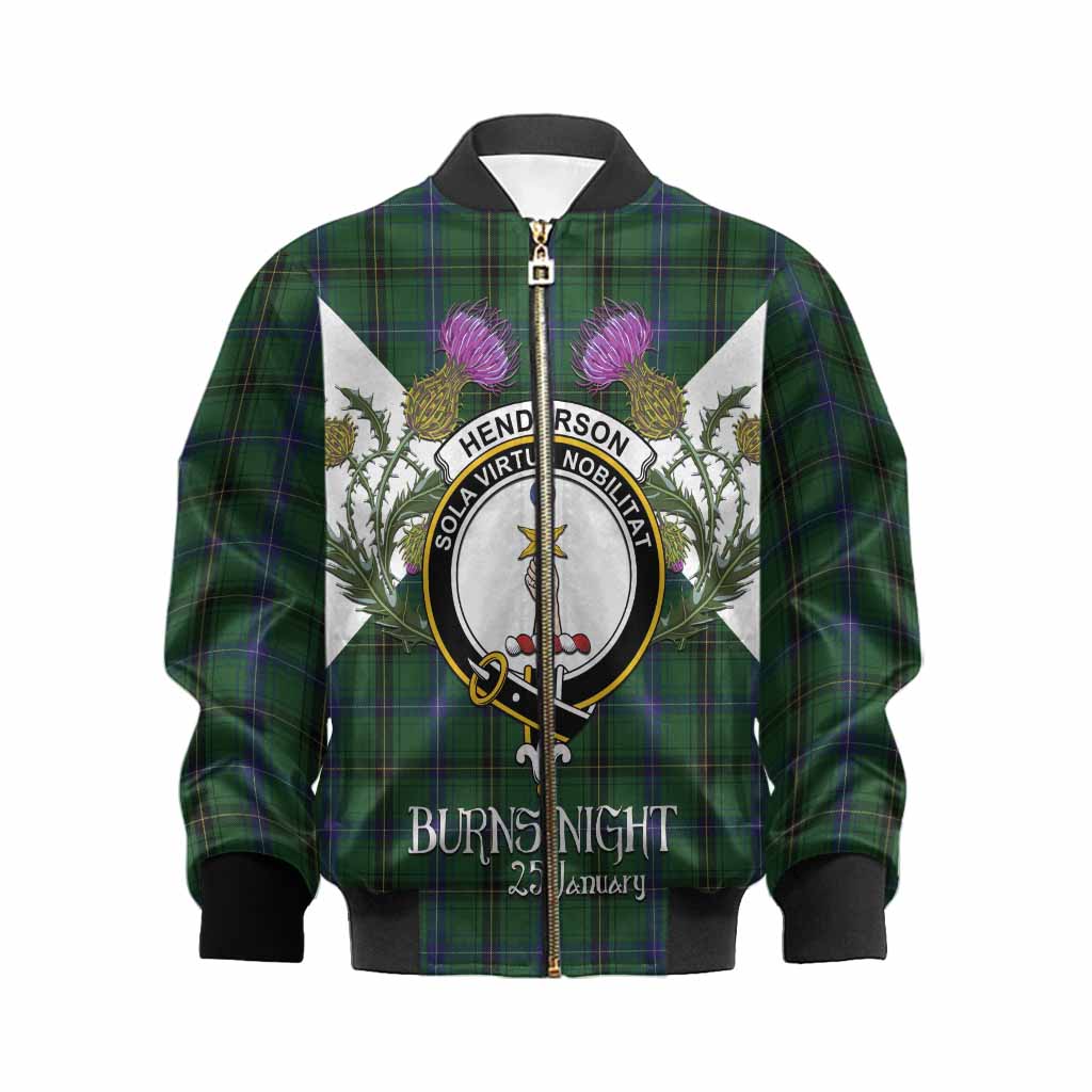 Henderson Tartan Family Crest Kid Bomber Jacket Scottish Burns Night Thistle Floral