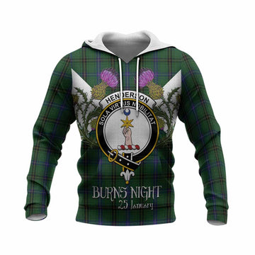 Henderson Tartan Family Crest Knitted Hoodie Scottish Burns Night Thistle Floral