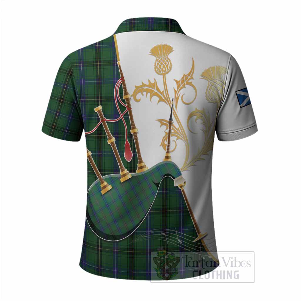 Henderson Tartan Family Crest Polo Shirt Bagpipes with Scottish Thistle