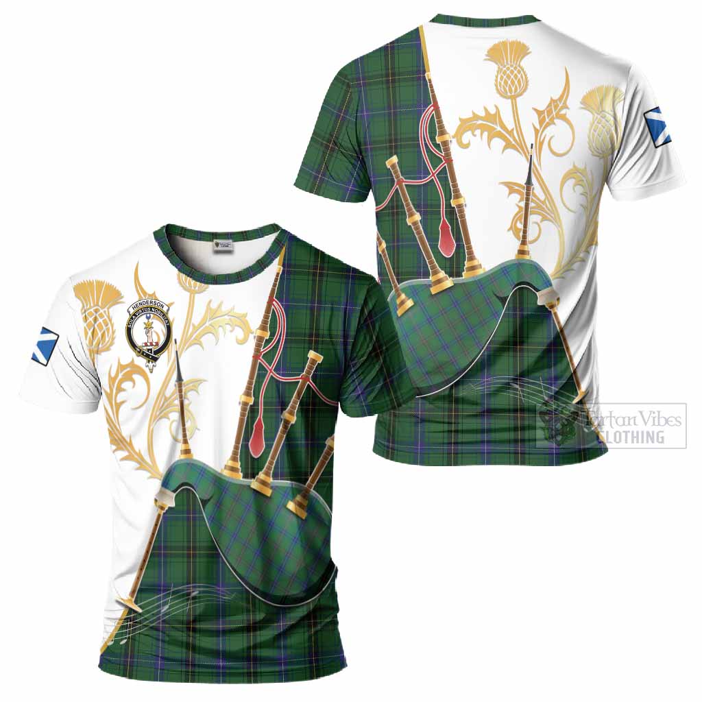 Henderson Tartan Family Crest T-Shirt Bagpipes with Scottish Thistle