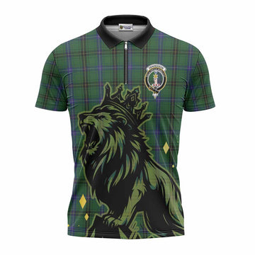 Henderson Tartan Family Crest Zipper Polo Shirt Crowned Lion Roaring