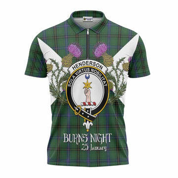 Henderson Tartan Family Crest Zipper Polo Shirt Scottish Burns Night Thistle Floral