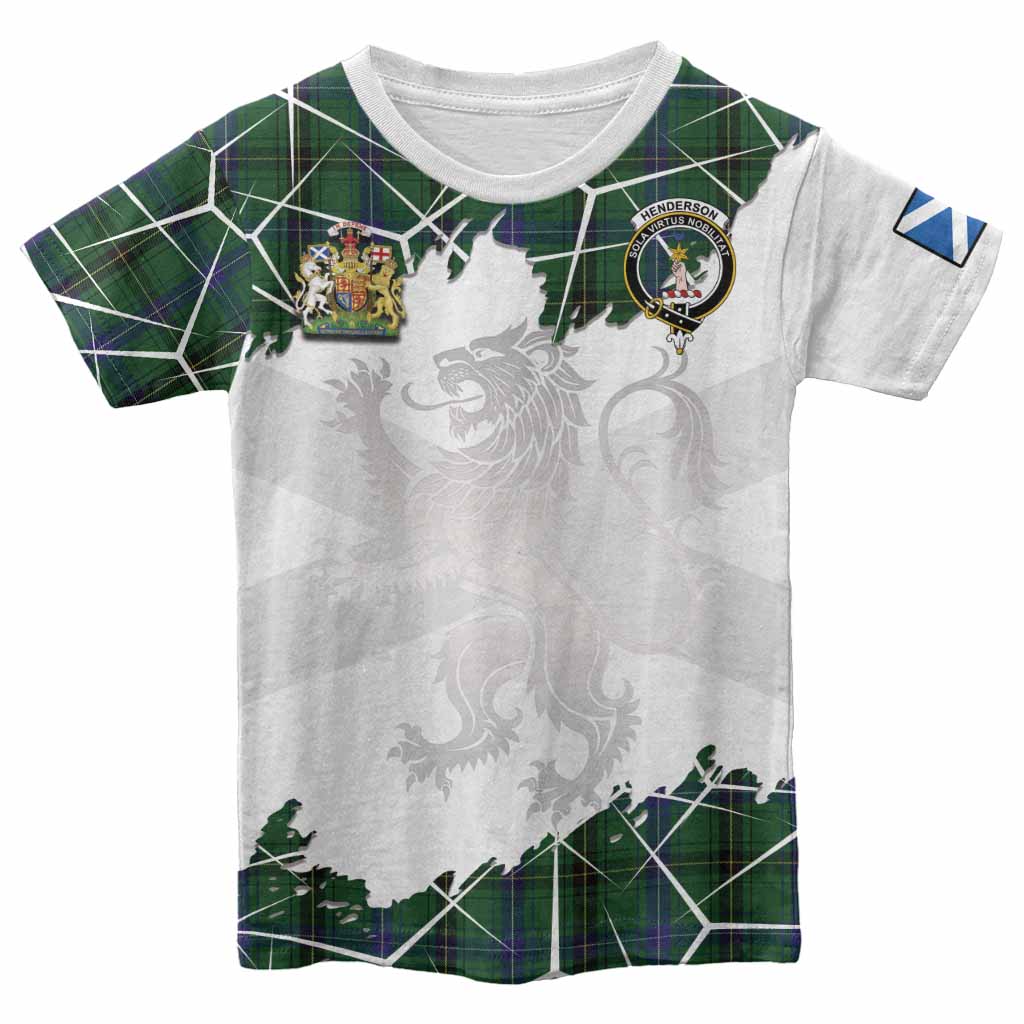 Henderson Tartan Kid T-shirt with Family Crest and Lion Rampant Grunge Style