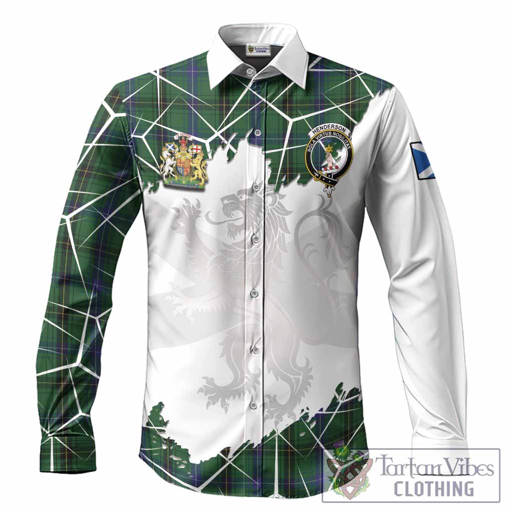 Henderson Tartan Long Sleeve Button Shirts with Family Crest and Lion Rampant Grunge Style