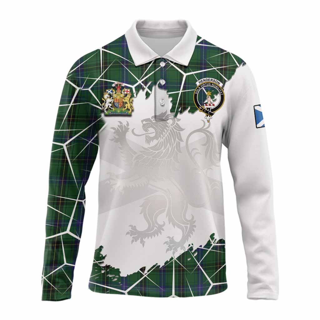 Henderson Tartan Long Sleeve Polo Shirt with Family Crest and Lion Rampant Grunge Style