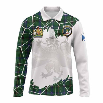 Henderson Tartan Long Sleeve Polo Shirt with Family Crest and Lion Rampant Grunge Style