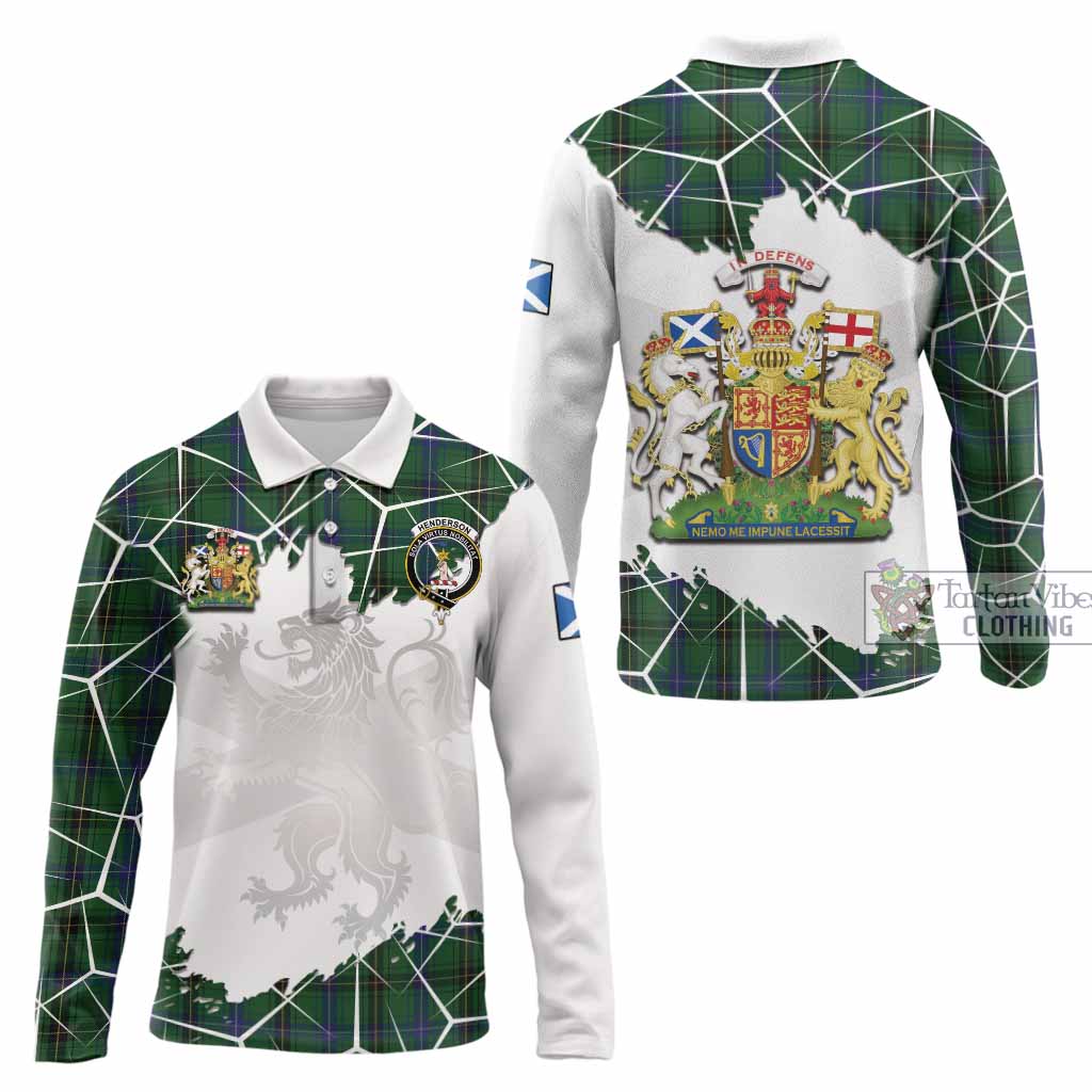 Henderson Tartan Long Sleeve Polo Shirt with Family Crest and Lion Rampant Grunge Style
