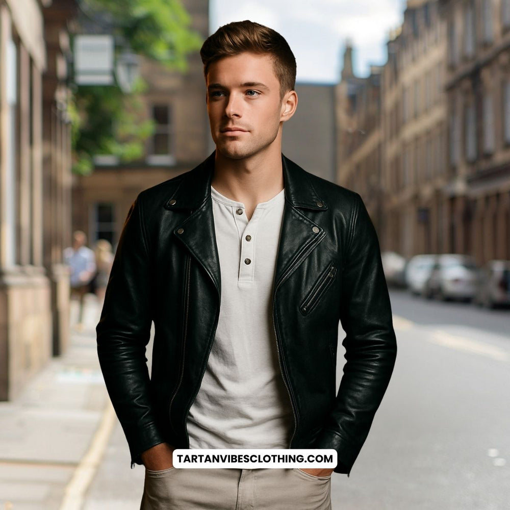 Henley T-shirt with a leather jacket and boots