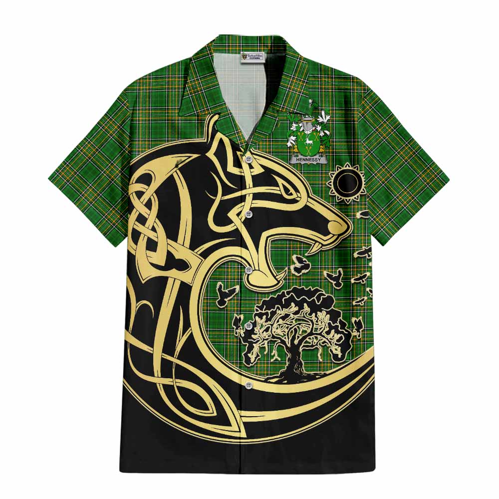 Tartan Vibes Clothing Hennessy Irish Tartan Short Sleeve Button Shirt with Coat of Arms Celtic Wolf Style