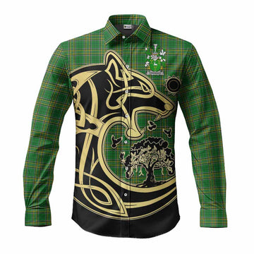 Tartan Vibes Clothing Hennessy Irish Tartan Long Sleeve Button Shirt with Coat of Arms Celtic Wolf Style