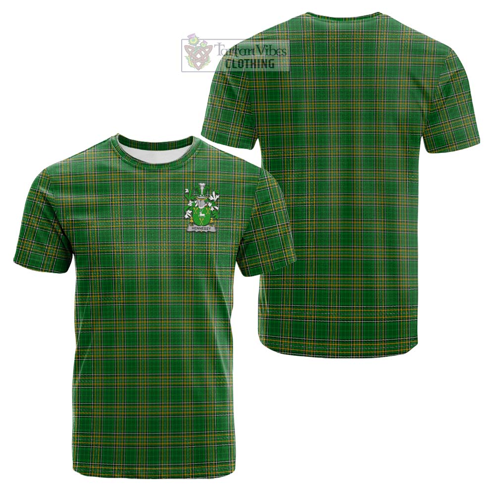 Tartan Vibes Clothing Hennessy Irish Clan Tartan Cotton T-shirt with Coat of Arms