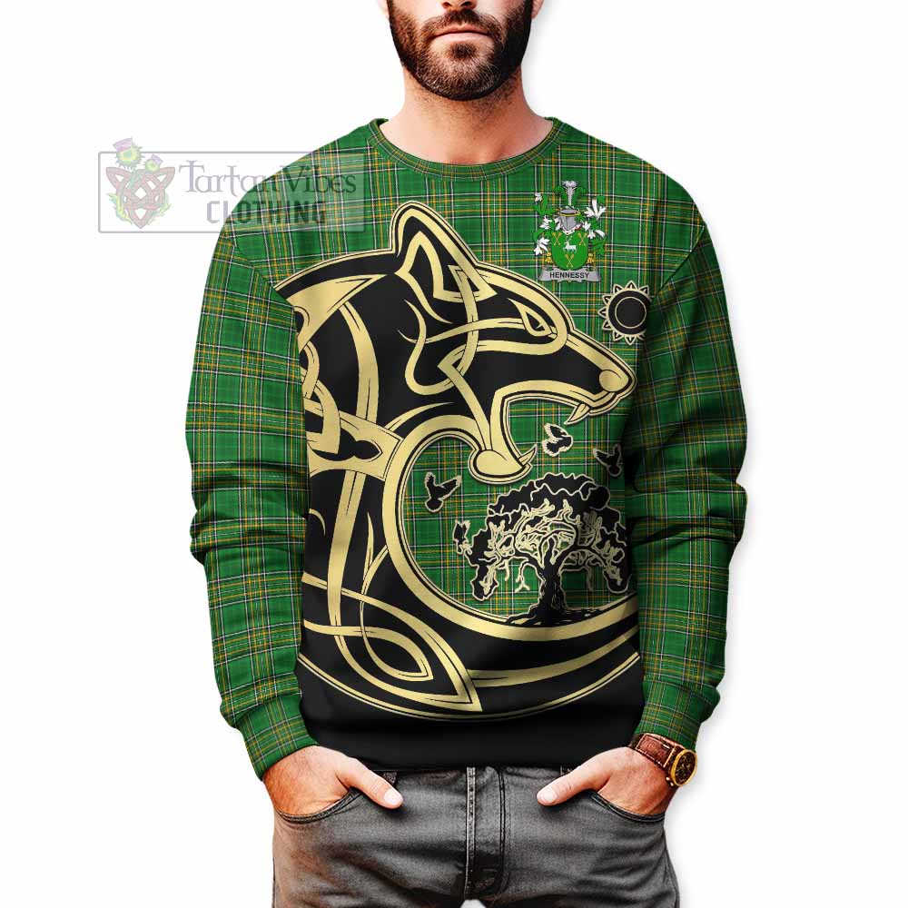 Tartan Vibes Clothing Hennessy Irish Tartan Sweatshirt with Coat of Arms Celtic Wolf Style