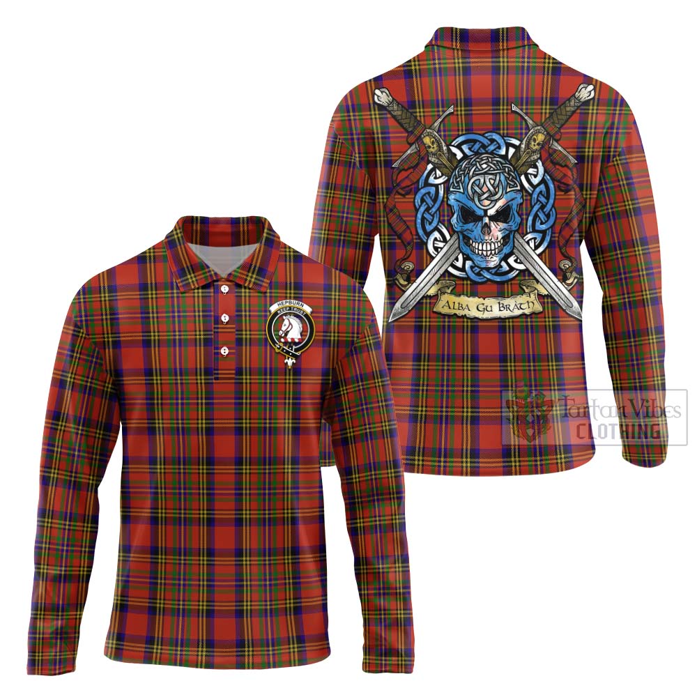 Tartan Vibes Clothing Hepburn Tartan Long Sleeve Polo Shirt with Family Crest Celtic Skull Style