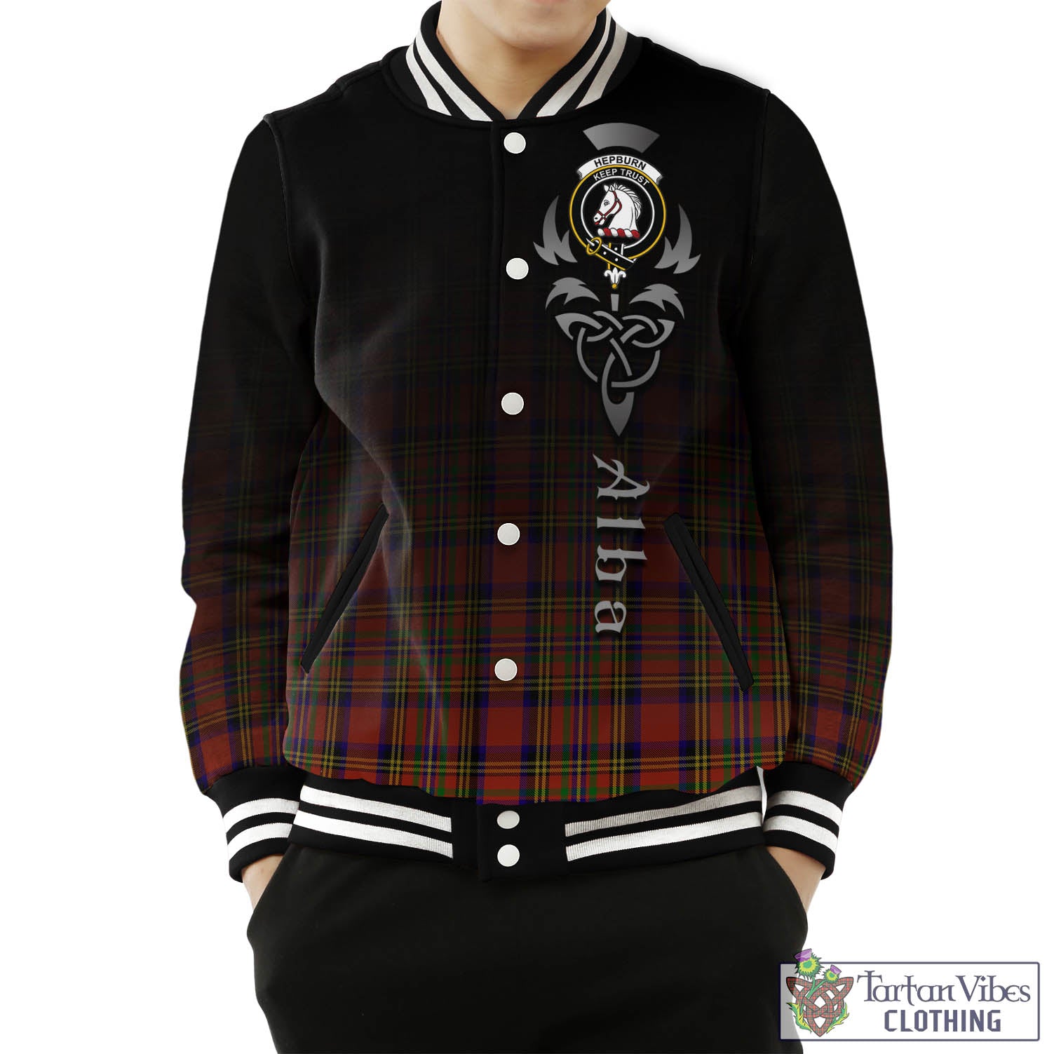 Hepburn Tartan Baseball Jacket Featuring Alba Gu Brath Family Crest Celtic Inspired Unisex - Tartan Vibes Clothing