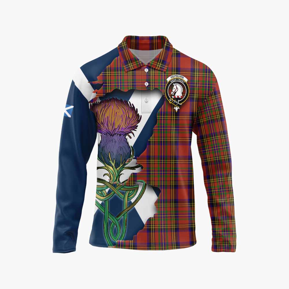 Tartan Vibes Clothing Hepburn Tartan Family Crest Long Sleeve Polo Shirt Scottish Thistle Celtic Inspired