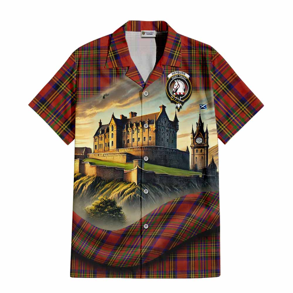 Tartan Vibes Clothing Hepburn Tartan Family Crest Short Sleeve Button Shirt with Scottish Ancient Castle Style