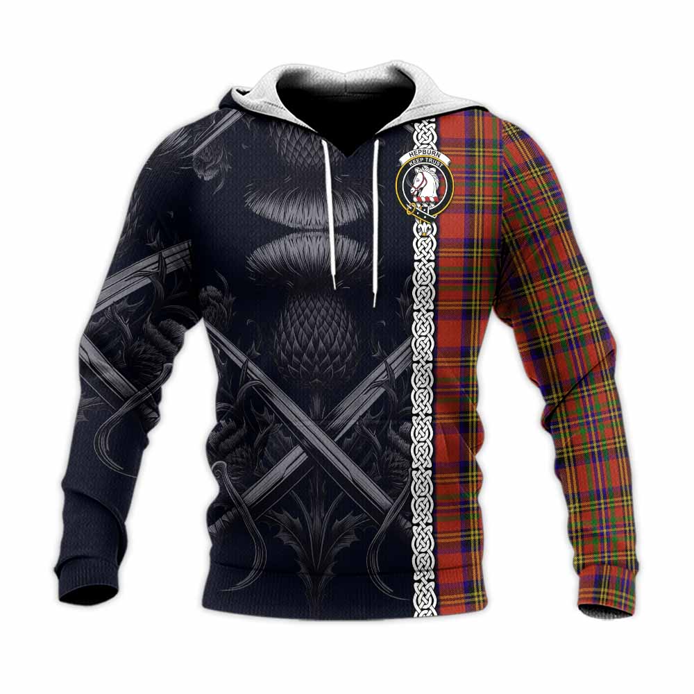 Tartan Vibes Clothing Hepburn Tartan Knitted Hoodie with Family Crest Cross Sword Thistle Celtic Vibes