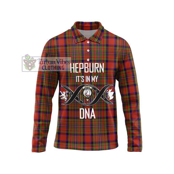 Hepburn Tartan Long Sleeve Polo Shirt with Family Crest DNA In Me Style