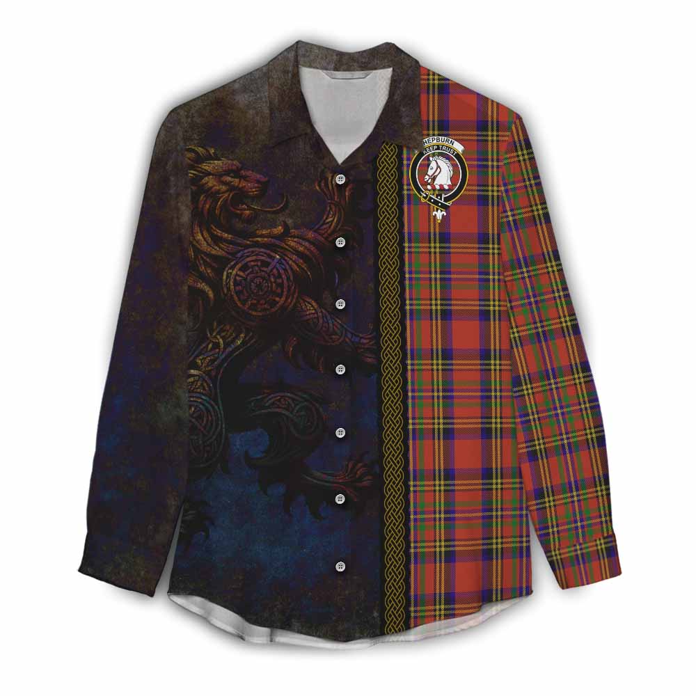 Tartan Vibes Clothing Hepburn Tartan Family Crest Women's Casual Shirt Alba Gu Brath Be Brave Lion Ancient Style