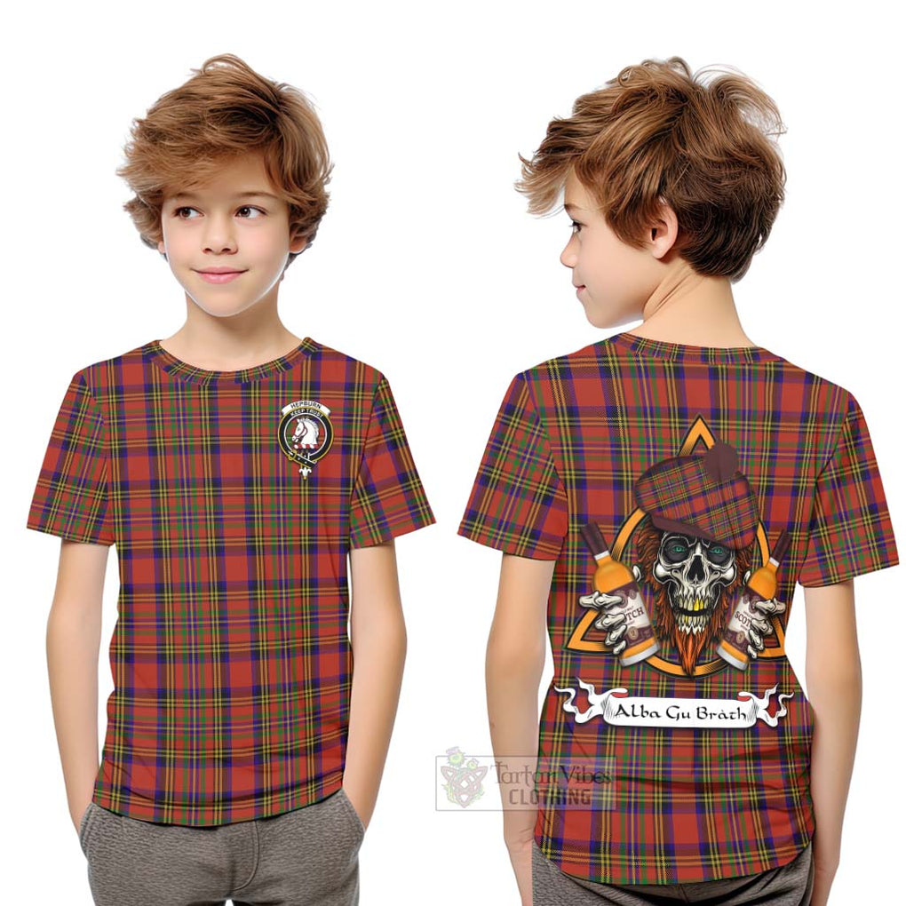 Tartan Vibes Clothing Hepburn Tartan Kid T-Shirt with Family Crest and Bearded Skull Holding Bottles of Whiskey