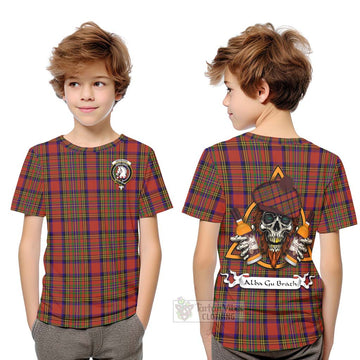 Tartan Vibes Clothing Hepburn Tartan Kid T-Shirt with Family Crest and Bearded Skull Holding Bottles of Whiskey