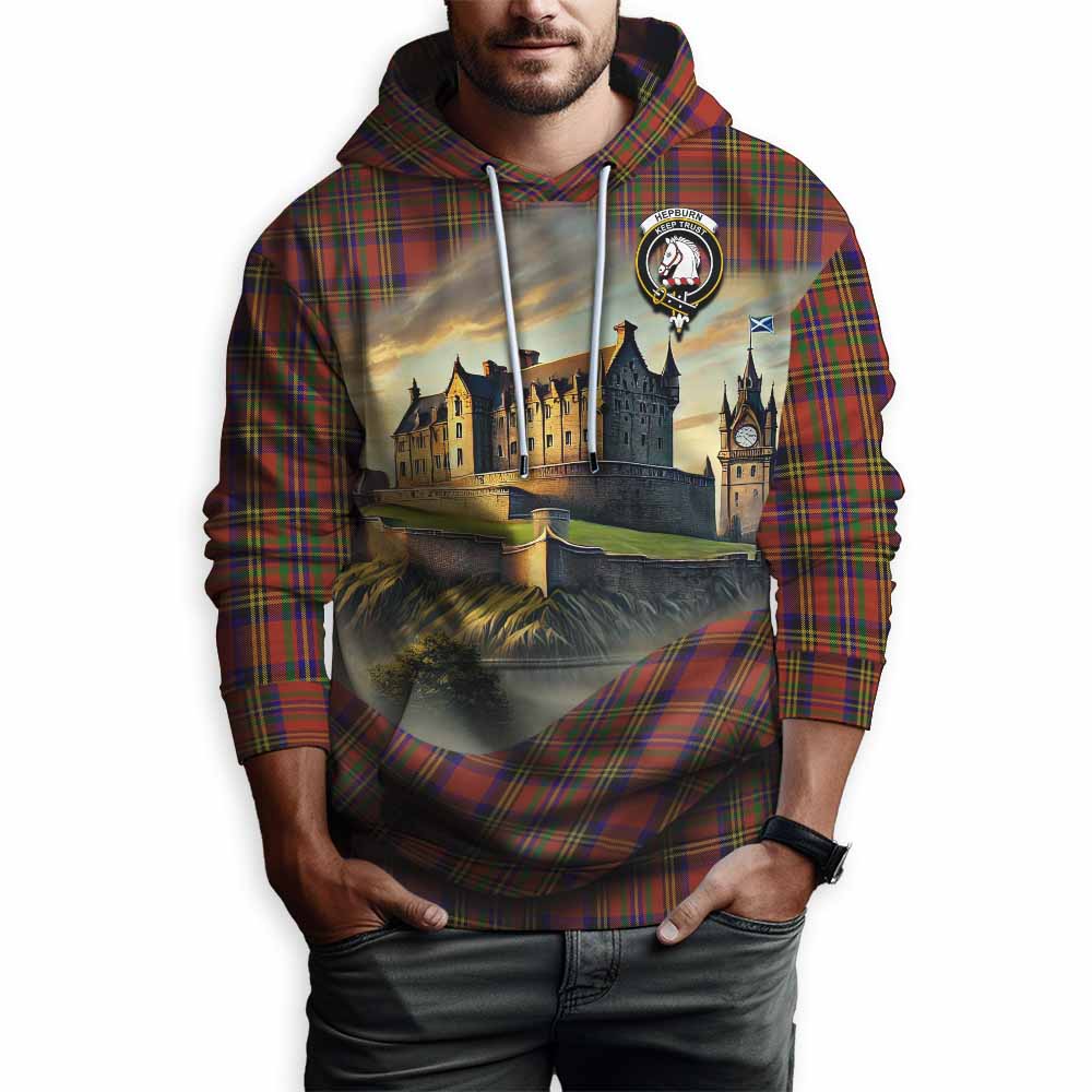 Tartan Vibes Clothing Hepburn Tartan Family Crest Hoodie with Scottish Ancient Castle Style