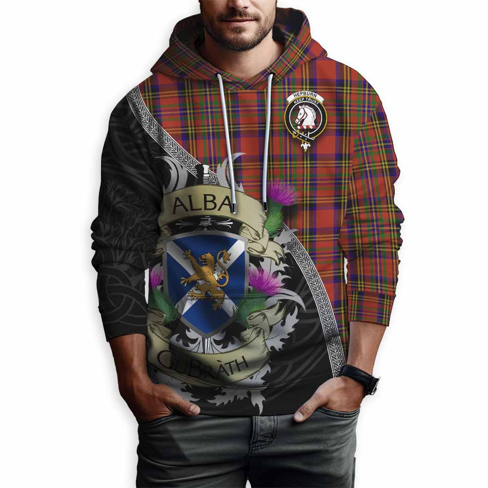 Tartan Vibes Clothing Hepburn Tartan Family Crest Hoodie Lion Rampant Royal Thistle Shield Celtic Inspired