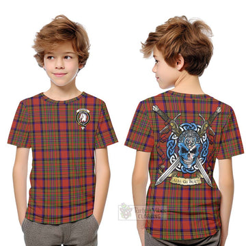 Tartan Vibes Clothing Hepburn Tartan Kid T-Shirt with Family Crest Celtic Skull Style