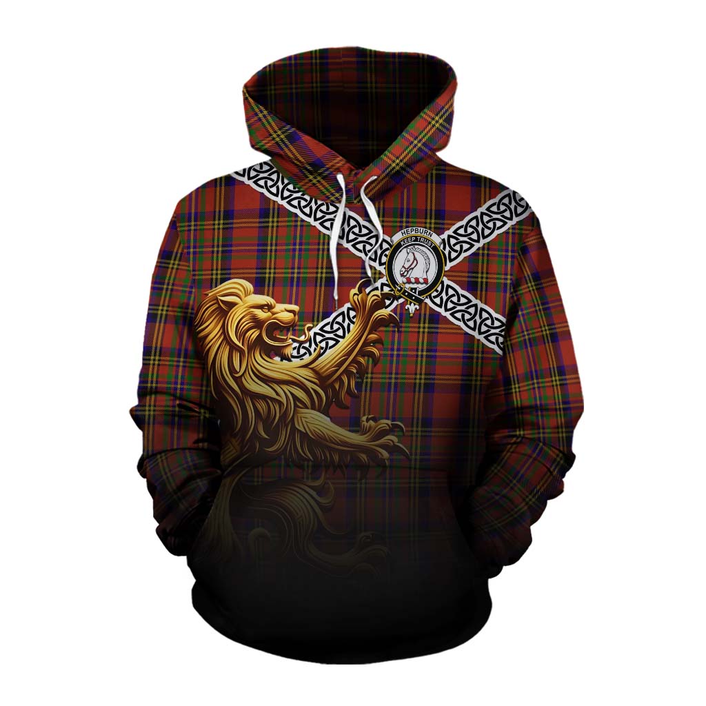 Tartan Vibes Clothing Hepburn Crest Tartan Cotton Hoodie with Golden Lion Emblem Celtic Style